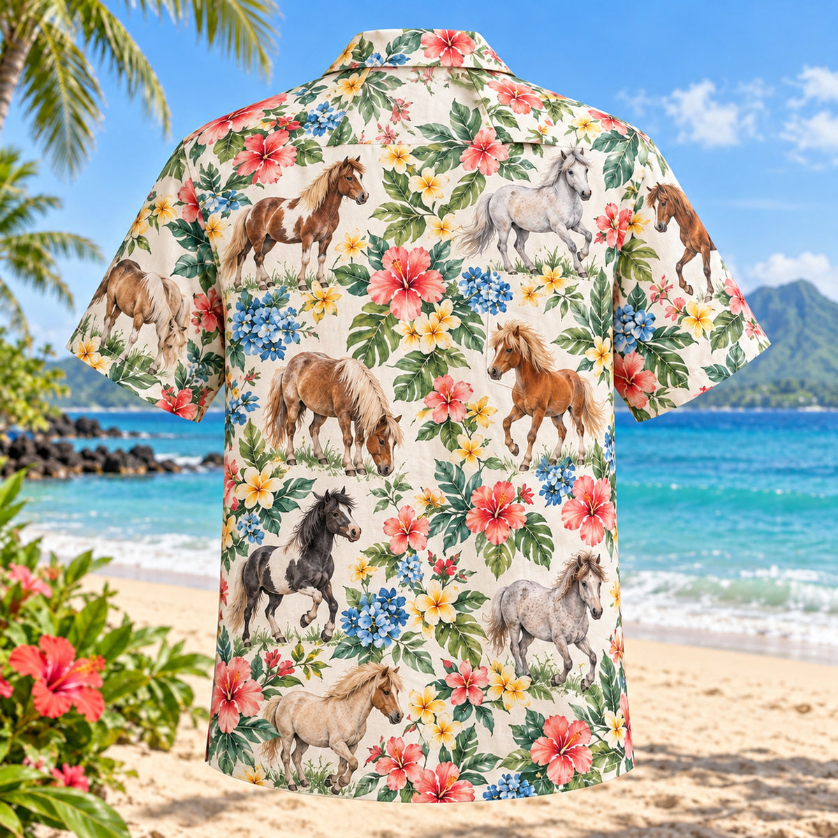 Back view of Pony Garden Horse Hawaiian Shirt with matching artwork in peach, mint, cream
