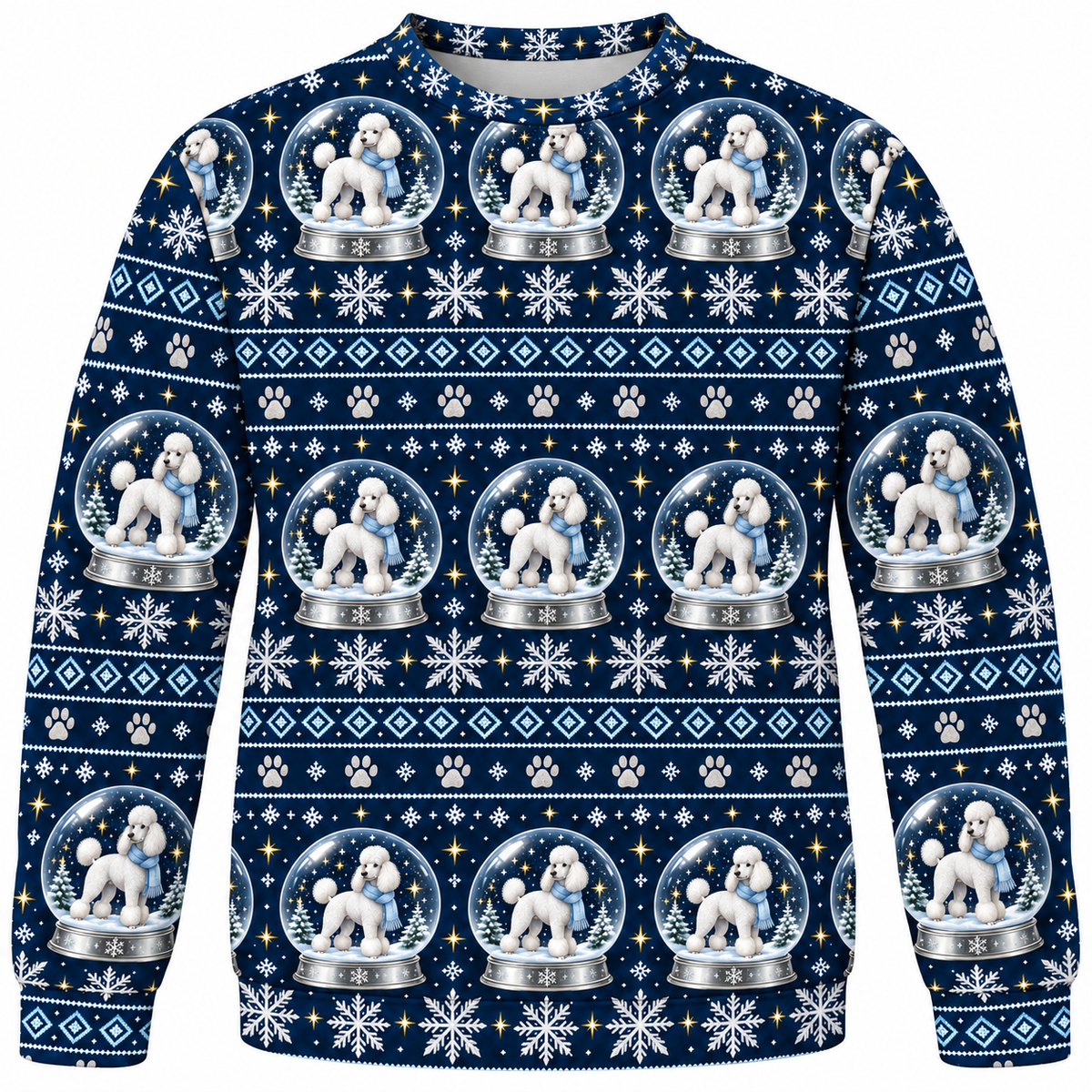 Poodle snow globe Christmas ugly sweater front