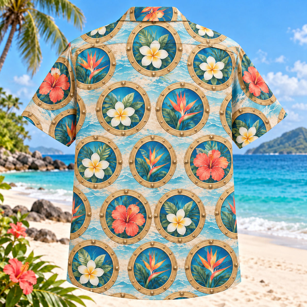 Back view of Porthole Garden Cruise Travel Hawaiian Shirt with matching artwork in coral, sea blue, sand