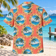 Back view of Porthole Palms Cruise Travel Hawaiian Shirt with matching artwork in coral, sea blue, sand