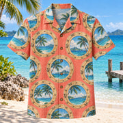 Front view of Porthole Palms Cruise Travel Hawaiian Shirt with original, text-free illustrations of generic portholes framing palms and sea horizons