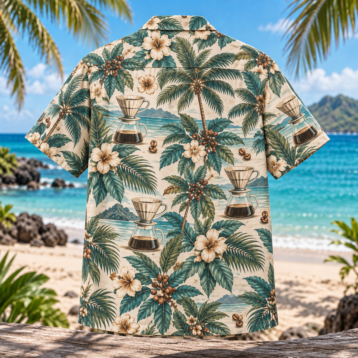 Back view of Pour Over Palm Specialty Coffee Hawaiian Shirt with matching artwork in teal, tan, ivory