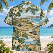Back view of Prairie Road Truck Driver Hawaiian Shirt with matching artwork in moss, aqua, sand