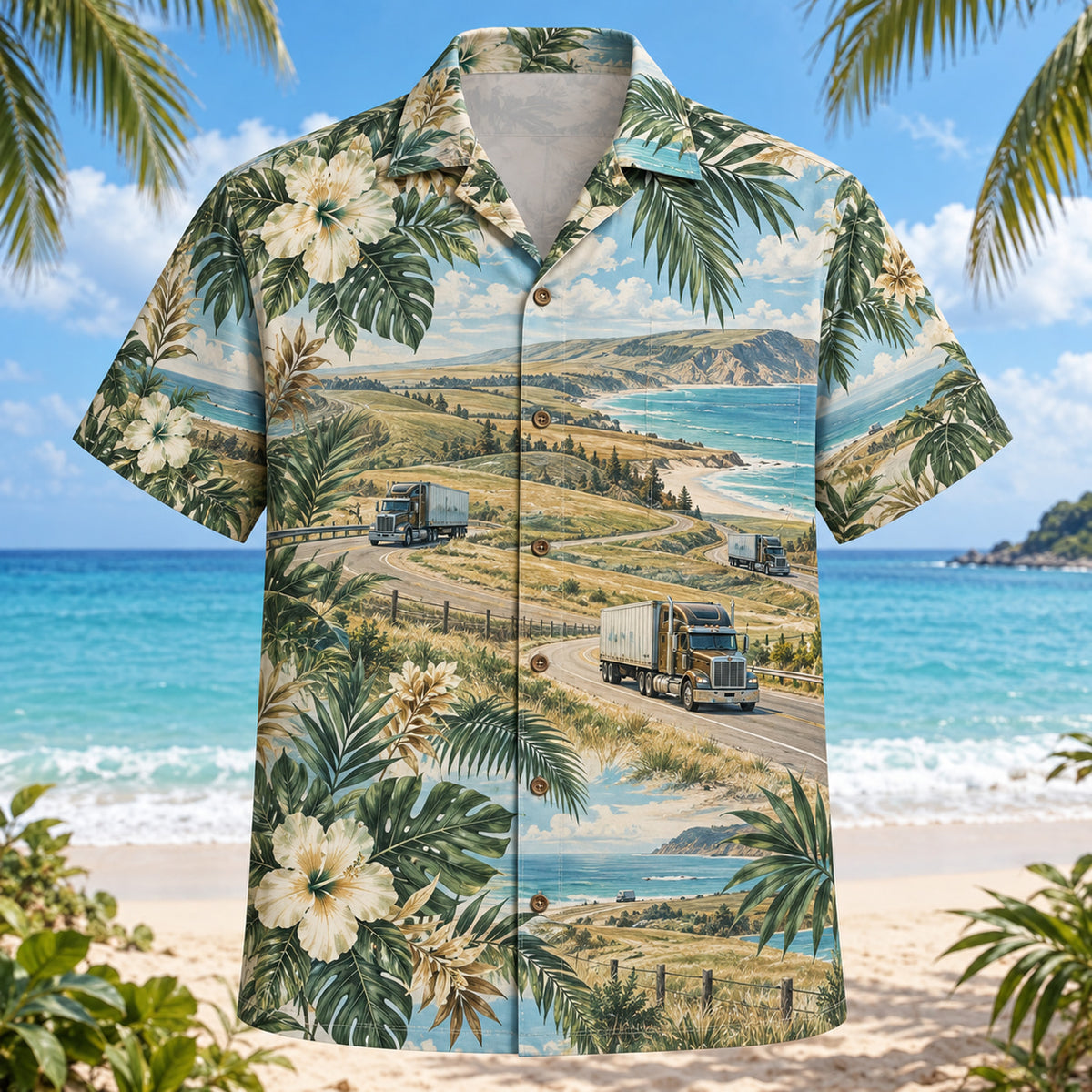 Front view of Prairie Road Truck Driver Hawaiian Shirt with original prairie road motifs, with tropical botanical accents; no text or branded equipment