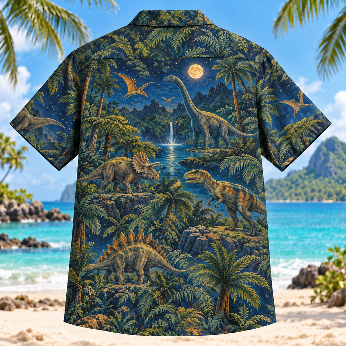 Back view of Prehistoric Night Dinosaur Hawaiian Shirt with matching artwork in indigo, emerald, amber