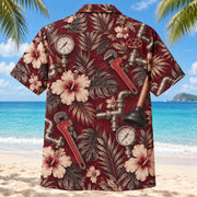 Back view of Pressure Gauge Plumber Hawaiian Shirt with matching artwork in burgundy, beige, charcoal