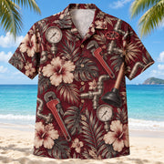 Front view of Pressure Gauge Plumber Hawaiian Shirt with original pressure gauge motifs, with tropical botanical accents; no text or branded equipment