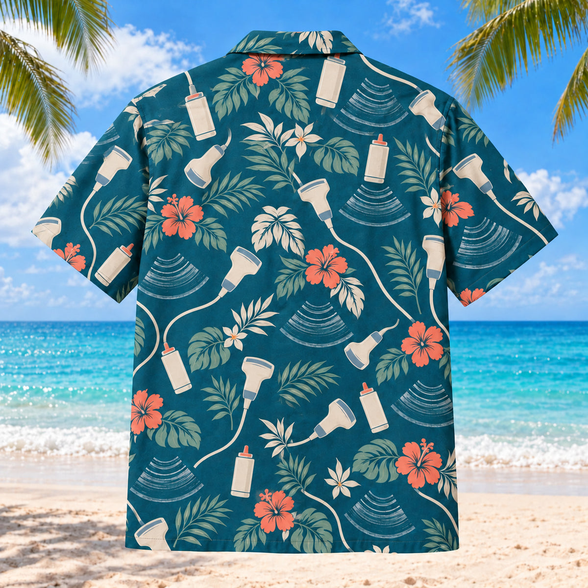 Back view of Probe Garden Teal Sonographer Hawaiian Shirt with matching artwork in deep teal, ivory, muted coral
