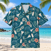 Front view of Probe Garden Teal Sonographer Hawaiian Shirt with original unbranded ultrasound probes, blank gel bottles, abstract wave fans and hibiscus in an airy diagonal repeat