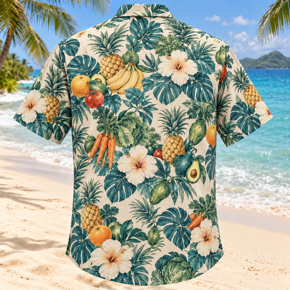 Back view of Produce Garden Aqua Sand Registered Dietitian Hawaiian Shirt with matching artwork in muted aqua, sand cream, deep teal