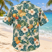 Back view of Produce Garden Aqua Sand Registered Dietitian Hawaiian Shirt with matching artwork in muted aqua, sand cream, deep teal