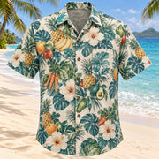 Front view of Produce Garden Aqua Sand Registered Dietitian Hawaiian Shirt with original original drawings of fruit, vegetables and hibiscus in a balanced botanical repeat