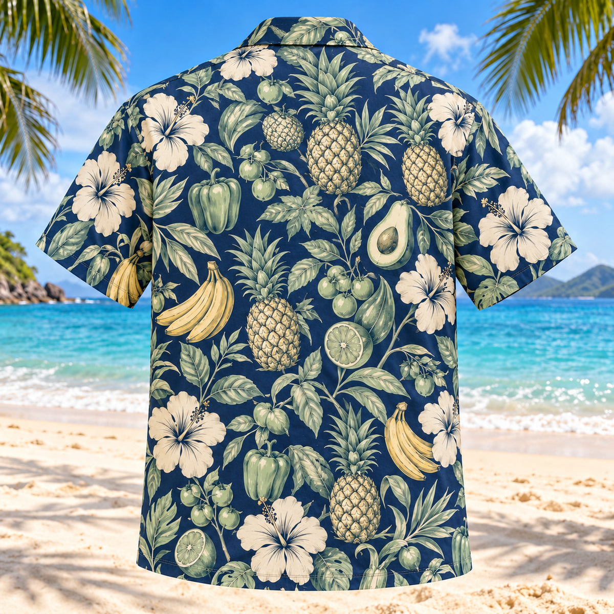 Back view of Produce Garden Navy Cream Registered Dietitian Hawaiian Shirt with matching artwork in navy, warm ivory, pale seafoam