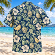 Back view of Produce Garden Navy Cream Registered Dietitian Hawaiian Shirt with matching artwork in navy, warm ivory, pale seafoam
