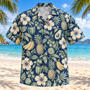 Front view of Produce Garden Navy Cream Registered Dietitian Hawaiian Shirt with original original drawings of fruit, vegetables and hibiscus in a balanced botanical repeat