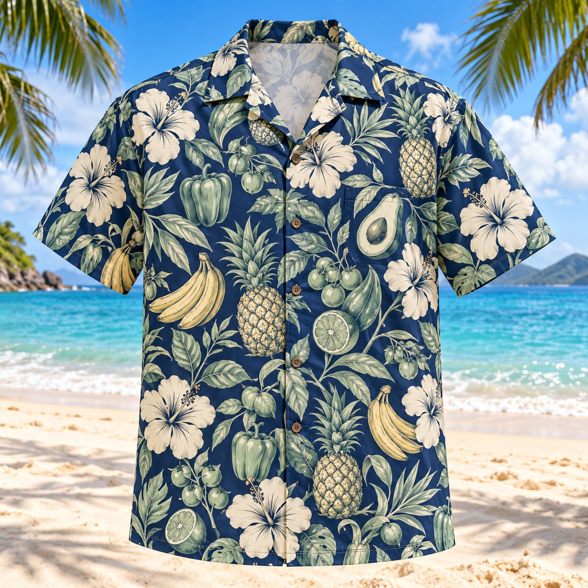 Front view of Produce Garden Navy Cream Registered Dietitian Hawaiian Shirt with original original drawings of fruit, vegetables and hibiscus in a balanced botanical repeat
