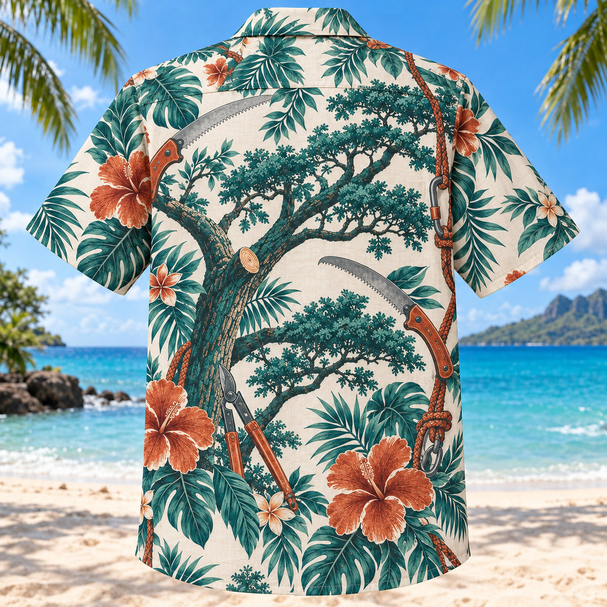 Back view of Pruning Saw Arborist Hawaiian Shirt with matching artwork in teal, ivory, rust