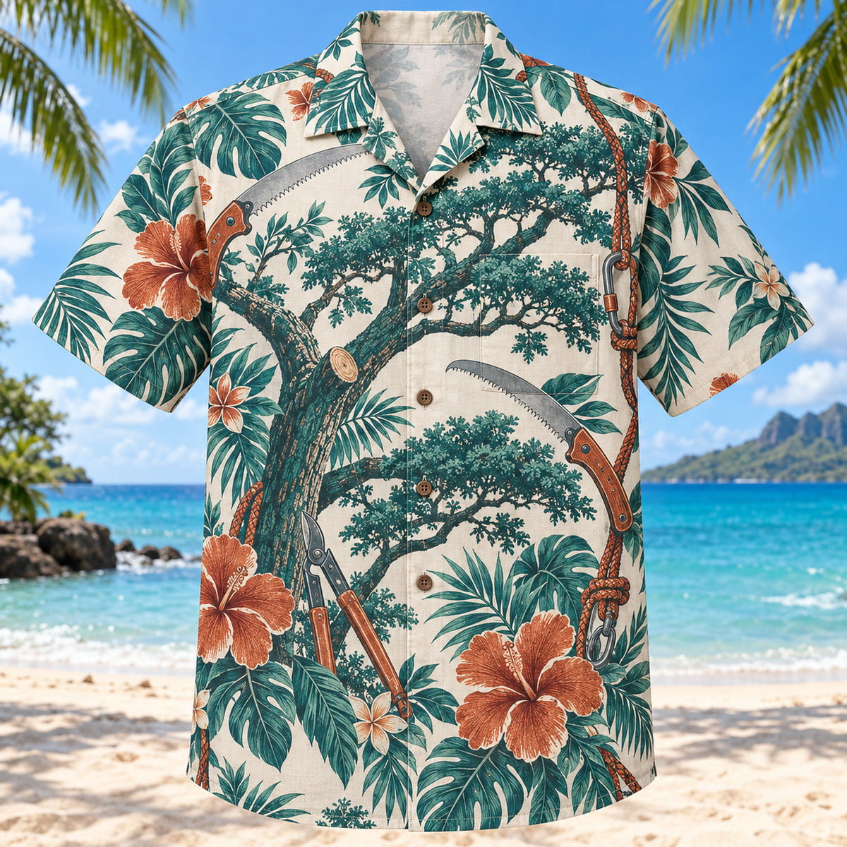 Front view of Pruning Saw Arborist Hawaiian Shirt with original pruning saw motifs, with tropical botanical accents; no text or branded equipment