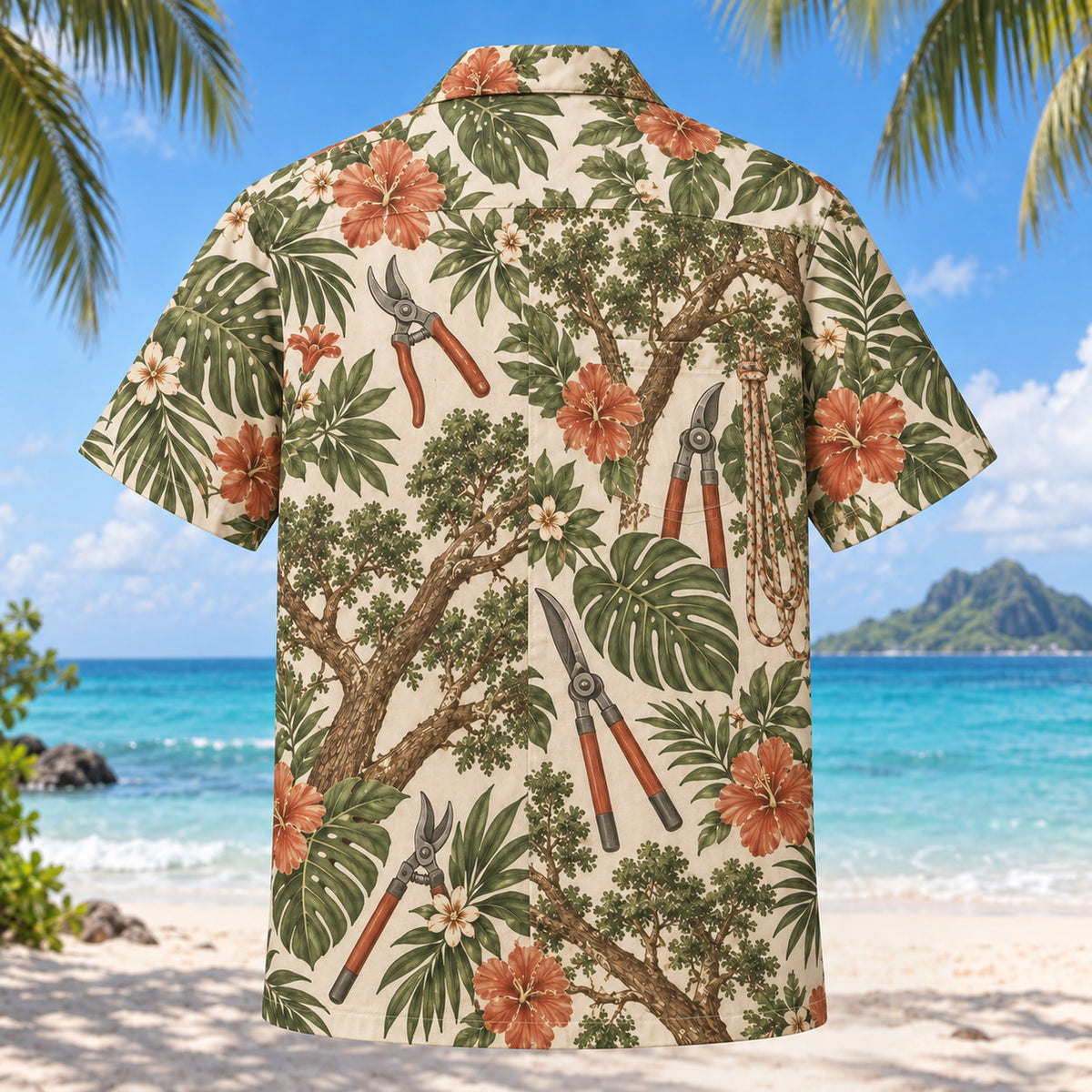 Back view of Pruning Shears Arborist Hawaiian Shirt with matching artwork in olive, cream, terracotta