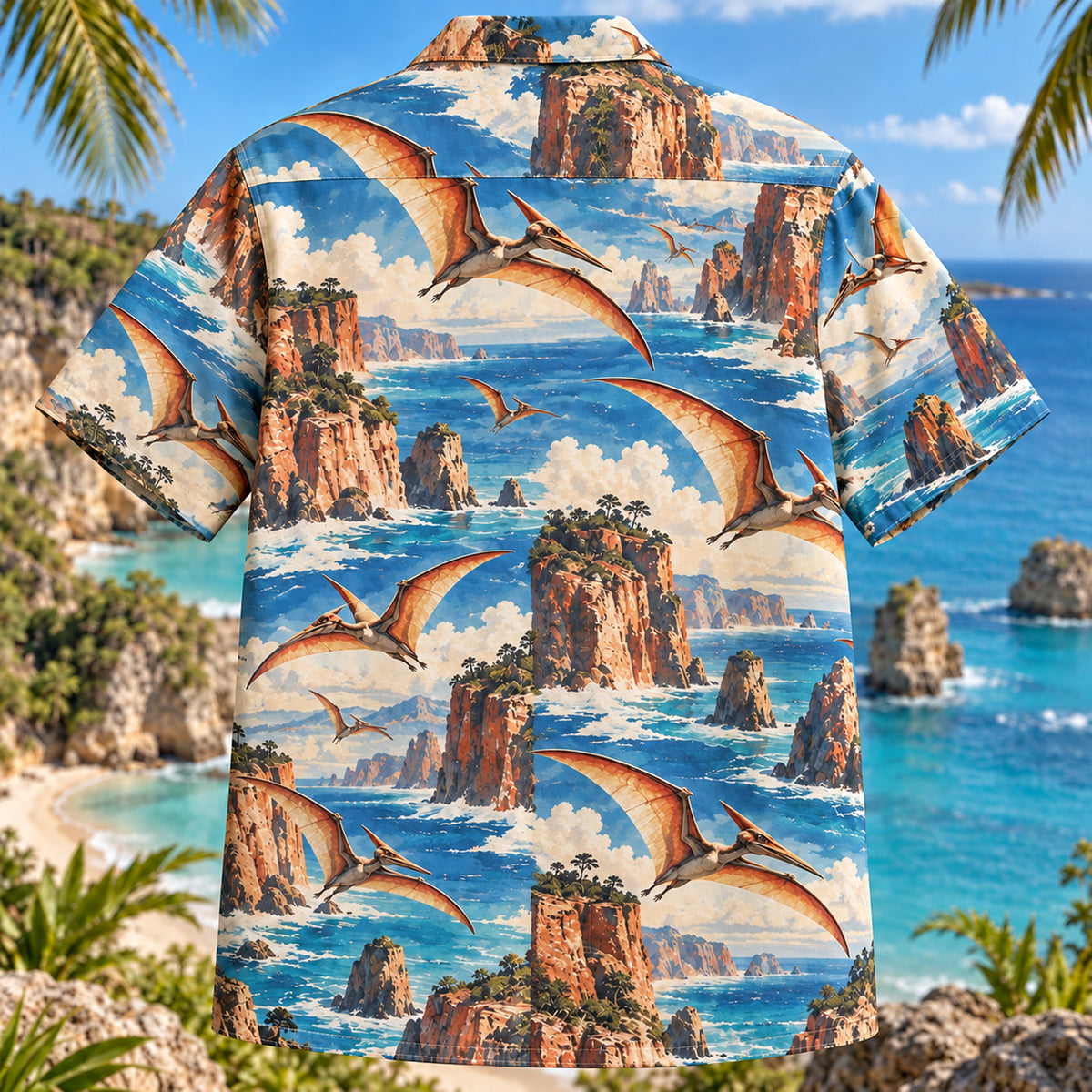 Back view of Pteranodon Sky Dinosaur Hawaiian Shirt with matching artwork in cobalt, cream, terracotta