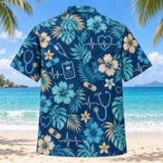 Back view of Pulse Pattern Nurse Hawaiian Shirt with matching artwork in indigo, aqua, tan