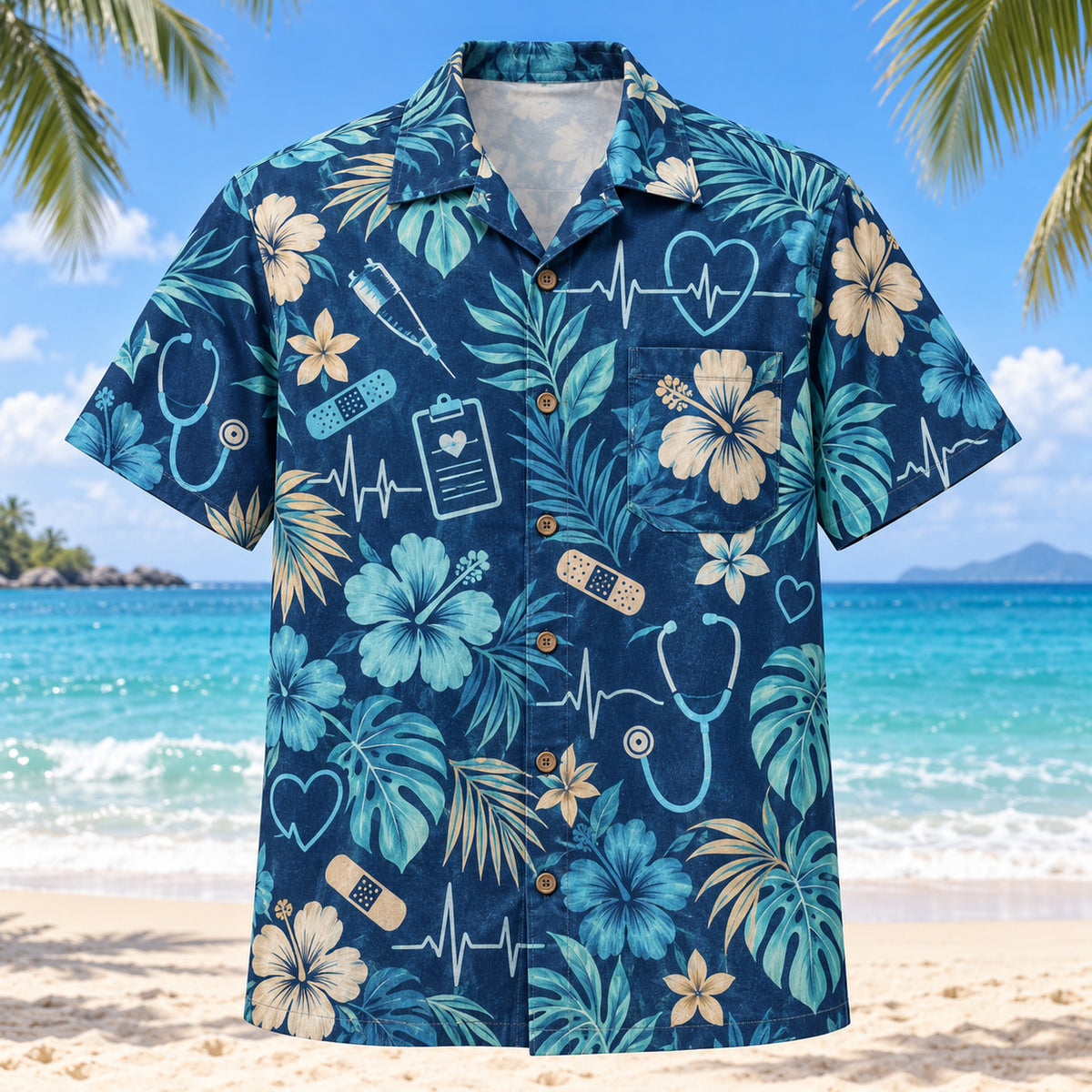 Front view of Pulse Pattern Nurse Hawaiian Shirt with original pulse pattern motifs, with tropical botanical accents; no text or branded equipment