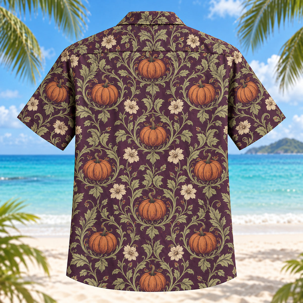 Back view of Pumpkin Check Adult Halloween Hawaiian Shirt with matching artwork in plum, sage, ivory