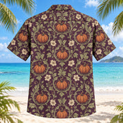 Back view of Pumpkin Check Adult Halloween Hawaiian Shirt with matching artwork in plum, sage, ivory