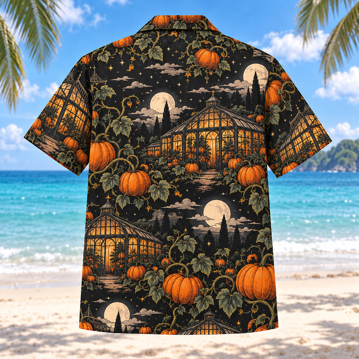 Back view of Pumpkin Greenhouse Adult Halloween Hawaiian Shirt with matching artwork in black, pumpkin orange, cream