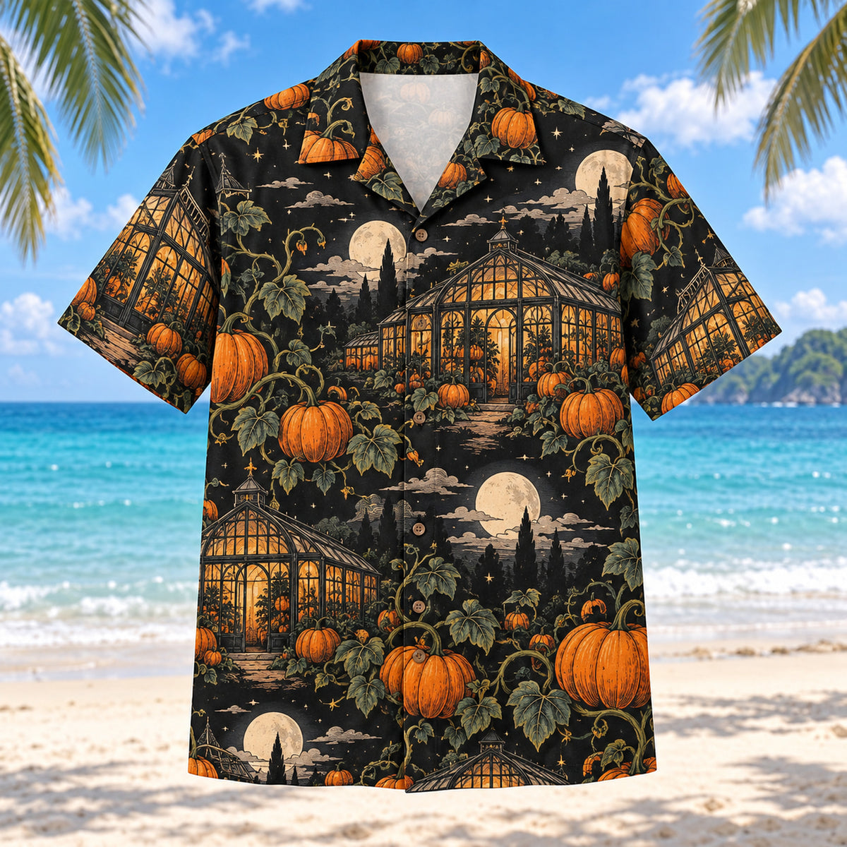 Front view of Pumpkin Greenhouse Adult Halloween Hawaiian Shirt with original, text-free illustrations of pumpkins, vines and a fictional moonlit greenhouse