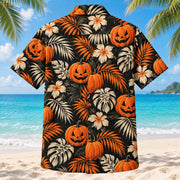 Back view of Pumpkin Palm Adult Halloween Hawaiian Shirt with matching artwork in black, pumpkin orange, cream
