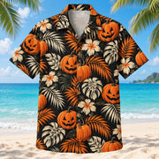 Front view of Pumpkin Palm Adult Halloween Hawaiian Shirt with original, text-free illustrations of pumpkins and tropical palm leaves