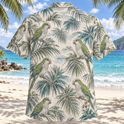 Back view of Quaker Palm Parrot Hawaiian Shirt with matching pet parrot artwork in sage, grey, teal, cream