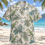 Front view of Quaker Palm Parrot Hawaiian Shirt with original Quaker parrots with grey chest and green wings among palm fronds
