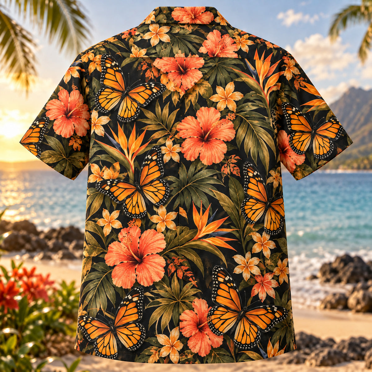 Back view of Queen Butterfly Bloom Butterfly and Moth Hawaiian Shirt with matching artwork in amber, black, coral