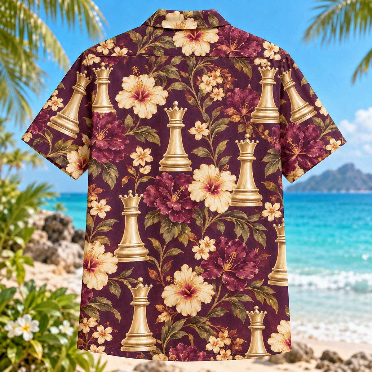 Back view of Queen Garden Chess Hawaiian Shirt with matching artwork in plum, gold, cream