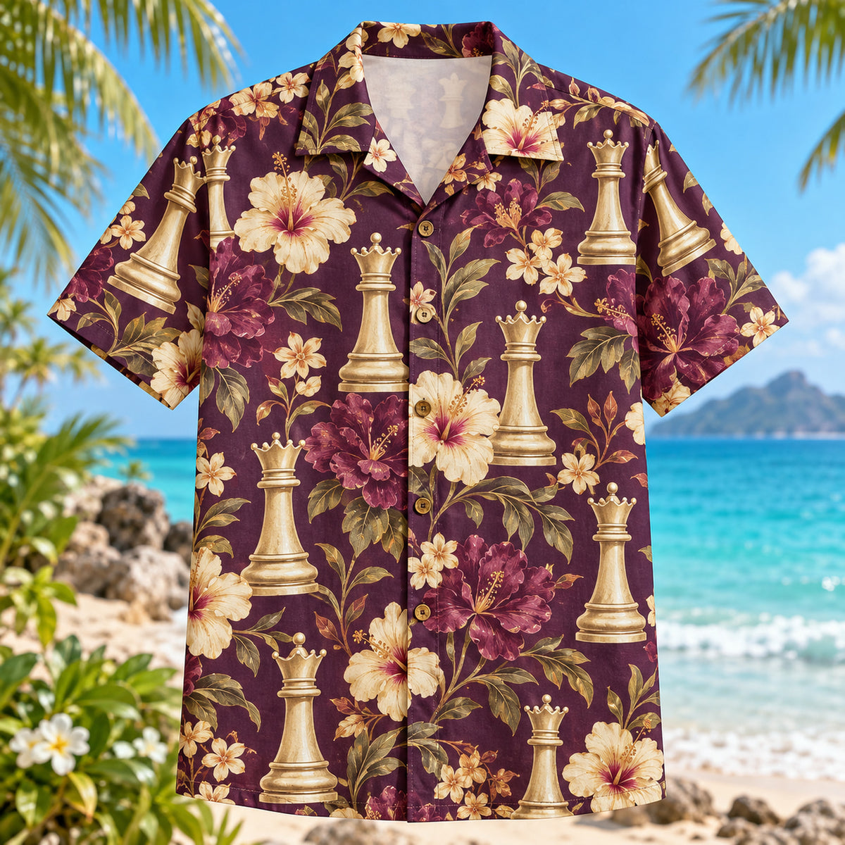 Front view of Queen Garden Chess Hawaiian Shirt with generic queen chess pieces among garden flowers