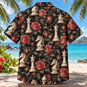 Back view of Queen Knight Duet Chess Hawaiian Shirt with matching artwork in black, cream, rose