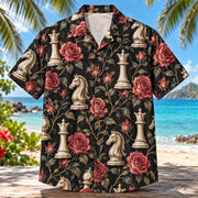 Front view of Queen Knight Duet Chess Hawaiian Shirt with generic queen and knight chess pieces among roses