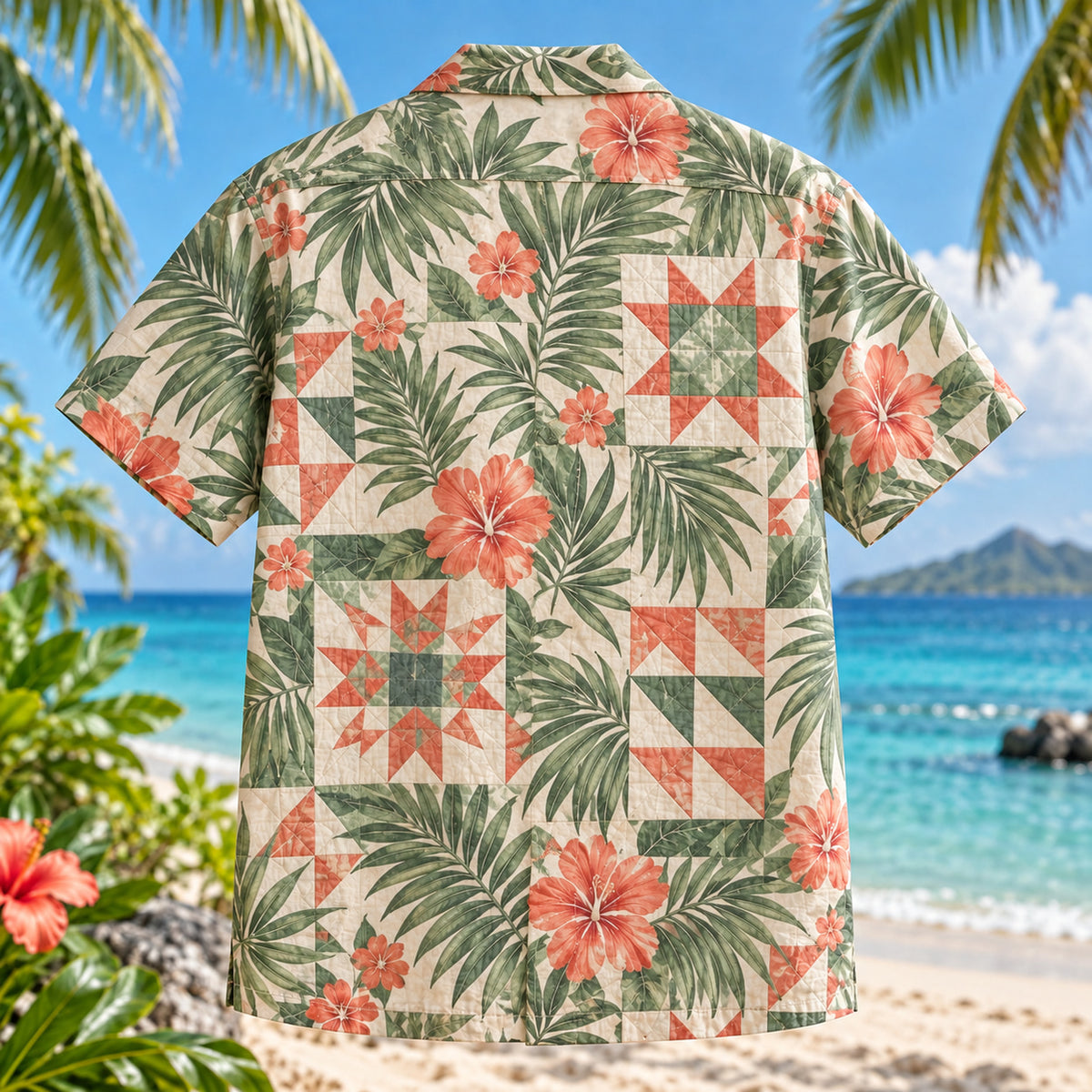 Back view of Quilt Block Palm Sewing and Quilting Hawaiian Shirt with matching artwork in sage, coral, cream