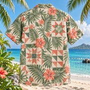 Back view of Quilt Block Palm Sewing and Quilting Hawaiian Shirt with matching artwork in sage, coral, cream