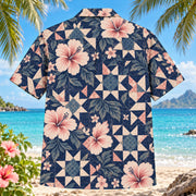 Back view of Quilt Star Sewing and Quilting Hawaiian Shirt with matching artwork in navy, blush, cream