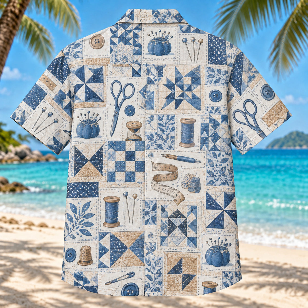 Back view of Quilter Blueprint Sewing and Quilting Hawaiian Shirt with matching artwork in blue, white, tan