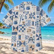 Back view of Quilter Blueprint Sewing and Quilting Hawaiian Shirt with matching artwork in blue, white, tan