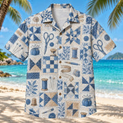 Front view of Quilter Blueprint Sewing and Quilting Hawaiian Shirt with line-drawn generic sewing tools and geometric quilt blocks