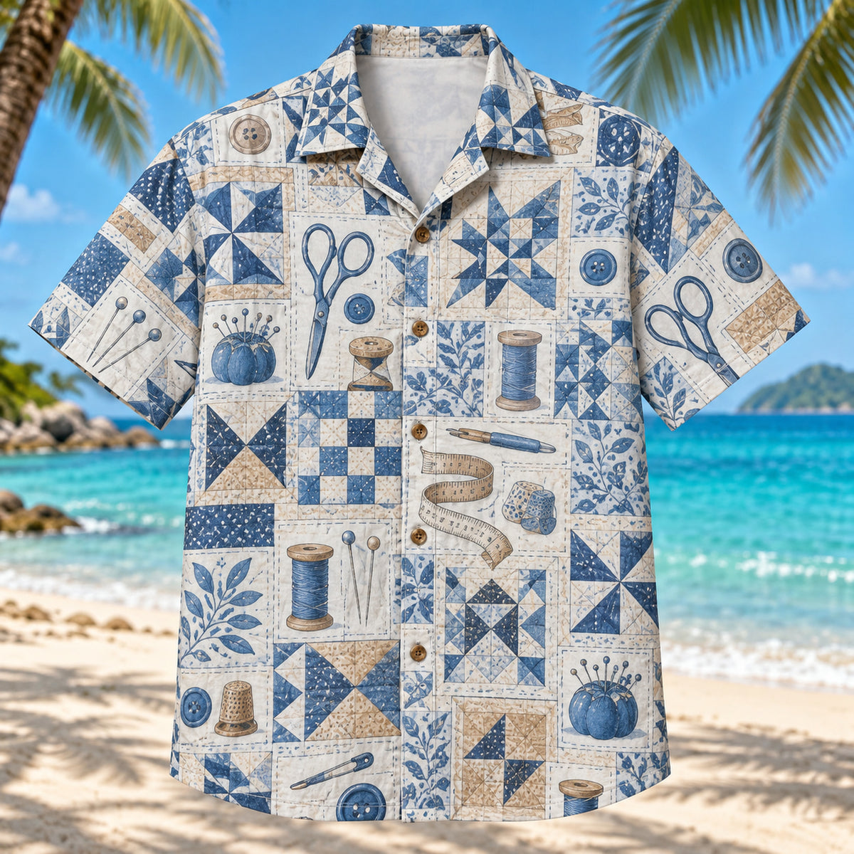 Front view of Quilter Blueprint Sewing and Quilting Hawaiian Shirt with line-drawn generic sewing tools and geometric quilt blocks