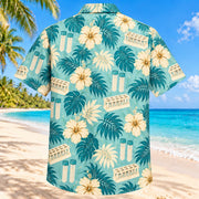 Back view of Rack And Leaves Aqua Sand Phlebotomist Hawaiian Shirt on a Hawaiian beach with fine white or light yellow sand and no dark rocks