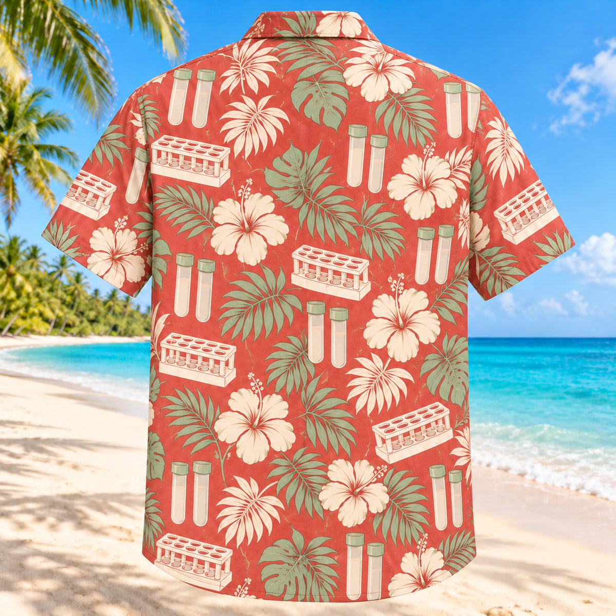 Back view of Rack And Leaves Coral Sage Phlebotomist Hawaiian Shirt with matching artwork in soft coral, sage, cream