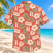 Back view of Rack And Leaves Coral Sage Phlebotomist Hawaiian Shirt with matching artwork in soft coral, sage, cream