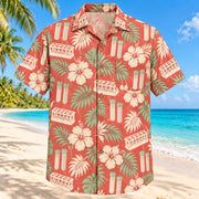 Front view of Rack And Leaves Coral Sage Phlebotomist Hawaiian Shirt with original generic empty specimen racks, blank tubes and tropical foliage in offset rows